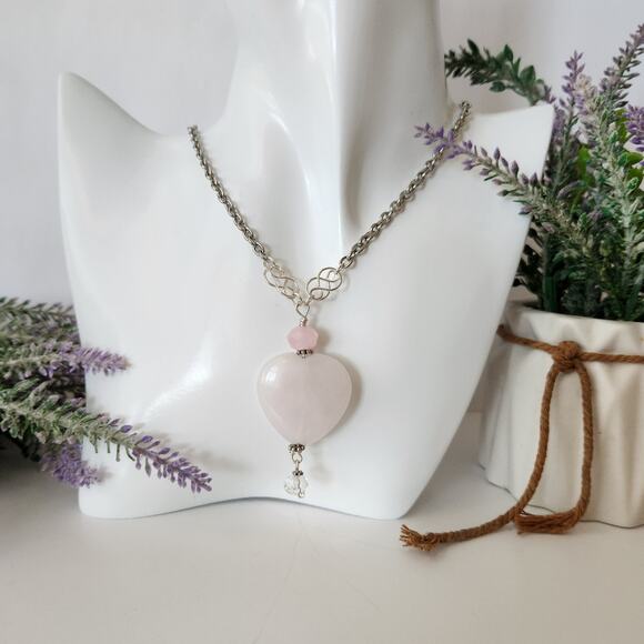 Rose Quartz Heart Shaped Stone Pendant Necklace - Picture 2 of 12